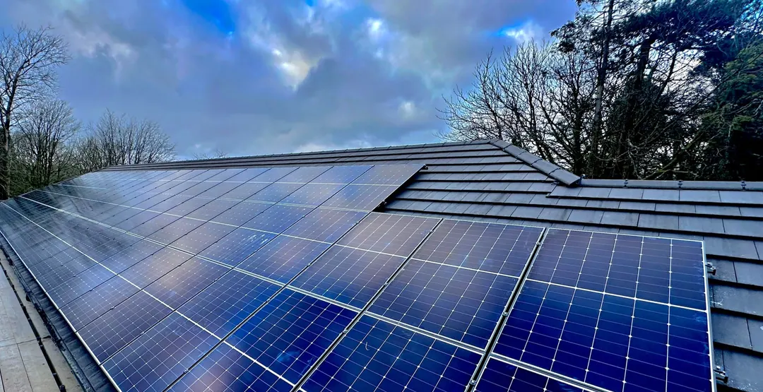 Rows of blue solar panels on a grey-tiled roof under a cloudy sky, bare trees behind